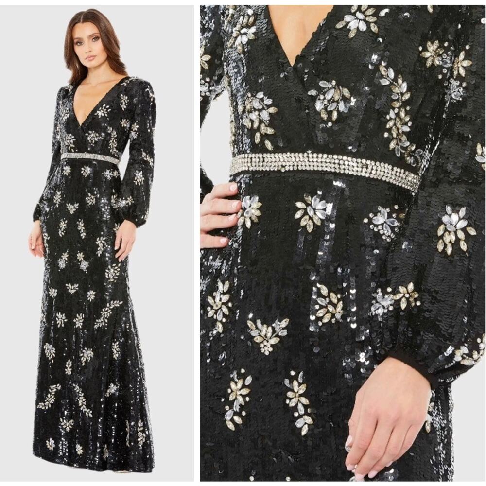 Mac Duggal 93616 Black Size 18 Embellished Wrap Over Gown Bishop Sleeve NWT$1598